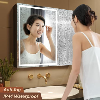 KWW 30 x 28 Inch Double Doors LED Lighted Bathroom Medicine Cabinet, Defogger, Dimmable, 3 Color Light Makeup Mirror, Outlets & USBs, Easy to Install, Wall Mounted Mirror Cabinet