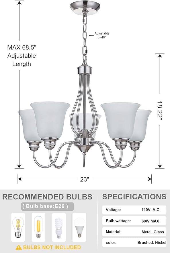 Doraimi Lighting 5 Light Chandelier with Brushed Nickel Finish, Classic Style Ceiling Light Fixture with Frosted Glass Shade for Meeting Room Dining Room Living Room Corridor, LED Bulb(not Include)