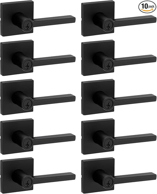Kwikset Halifax Entry Door Handle with Lock and Key, Secure Keyed Reversible Lever Exterior, for Front Entrance and Bedrooms, Matte Black, 10 Pack, Pick Resistant SmartKey Rekey Security and Microban