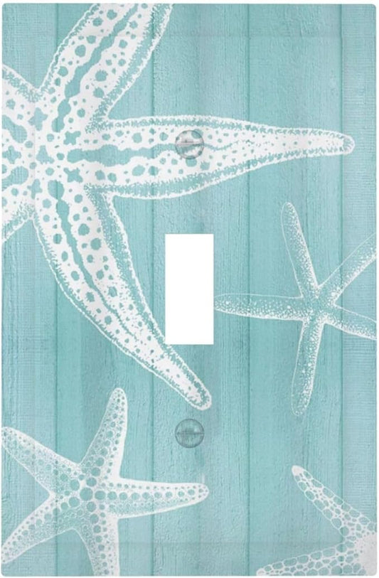 Decorative Light Switch Cover Plate Starfish Teal Wood Board Nautical 1 Gang Single Toggle Wall Plates for Electrical Outlets Outlet Covers Switch Plate Covers Faceplate for Bedroom Home Decor