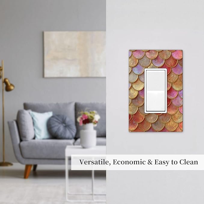 Mermaid Glitter Scale Rainbow Gold Fish Scales Decorative Outlet Covers 1 Gang Single Rocker Light Switch Cover Plate Wall Plates GFCI Faceplate for Bed Room Home Decor