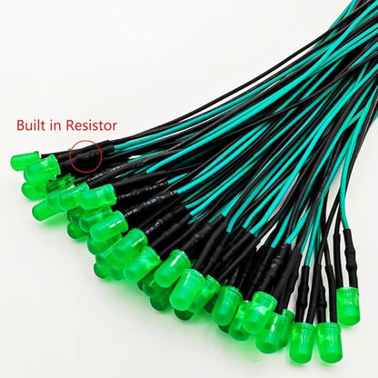 50pcs 3V-4.5V-5V-6V-7.5V-9V-12VDC 5mm Green LED Lights Emitting Diodes, 12VDC Prewired 7.9 Inch V LED Light Diffused Colored Lens Small LED