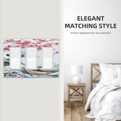 Light Switch Covers The Great Wave Off Kanagawa With Sakura 3 Gang Rocker Electrical GFCI Decorative Triple Outlet Wall Plate Cover Switchplate for Bedroom Bathroom Decor