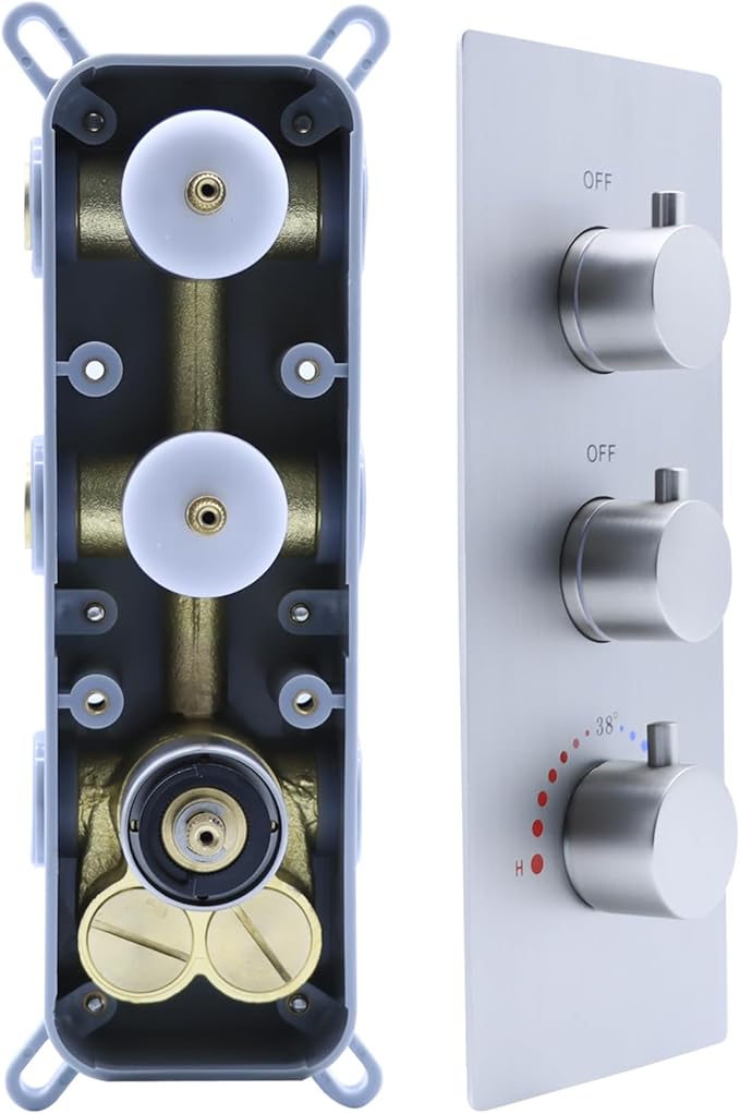 2 Function Shower Thermostatic Valve 3 Round Knob Valve Body Can Control Water Volume and Work at the Same Time Concealed Brass Bathroom Replacement Rough-In Valve(Brushed Nickel, 2-Way)