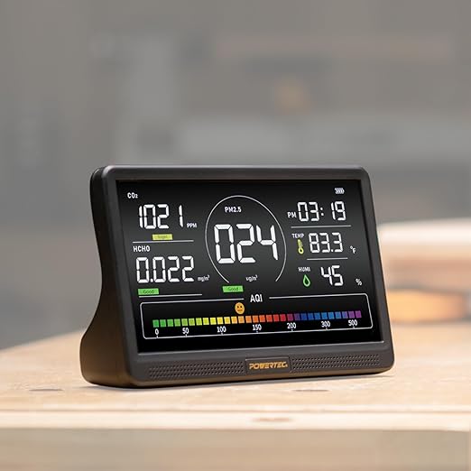 POWERTEC AD1001 Air Quality Monitor with 7” LCD Display – Multi-Sensor CO₂, PM2.5, PM10, HCHO, TVOC Detector, NDIR & Semiconductor Sensors, Rechargeable Indoor/Workshop Air Monitor