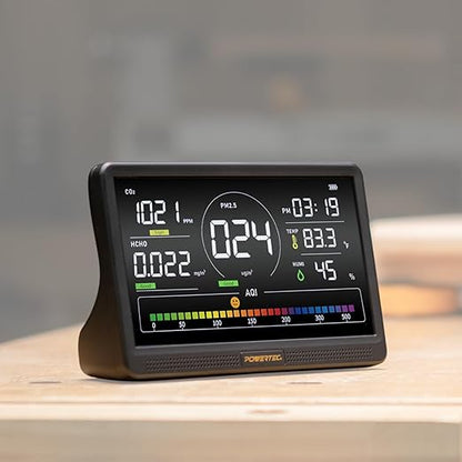 POWERTEC AD1001 Air Quality Monitor with 7” LCD Display – Multi-Sensor CO₂, PM2.5, PM10, HCHO, TVOC Detector, NDIR & Semiconductor Sensors, Rechargeable Indoor/Workshop Air Monitor