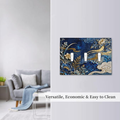 Decorative Light Switch Cover Plate Blue White Flower Gold Line Cloud 3 Gang Wall Plates for Electrical Outlets Triple Toggle Switch Plate Covers Outlet Covers Faceplate for Home Decor