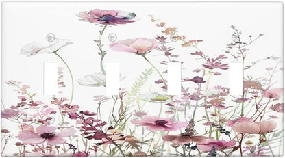 Floral Pink Watercolor Wildflowers Plant Flower Light Switch Covers Quad Toggle Electrical Faceplate 4 Gang Wall Plate Decorative Switch Plates Cover for Bedroom Living Room Decor