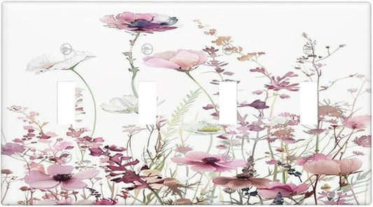 Floral Pink Watercolor Wildflowers Plant Flower Light Switch Covers Quad Toggle Electrical Faceplate 4 Gang Wall Plate Decorative Switch Plates Cover for Bedroom Living Room Decor
