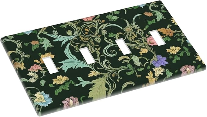 Decorative Light Switch Cover Plate Vintage Green Leaf Plant Rustic Pink Flower 4 Gang Wall Plate Oversized Quad Toggle Switch Cover Plate Jumbo Faceplate for Home Decor