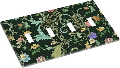 Decorative Light Switch Cover Plate Vintage Green Leaf Plant Rustic Pink Flower 4 Gang Wall Plate Oversized Quad Toggle Switch Cover Plate Jumbo Faceplate for Home Decor