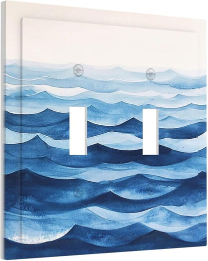 Decorative Switch Plate Covers Blue Watercolor Textured Abstract Ocean Wave 2 Gang Double Toggle Light Switch Cover Plate Electrical Wall Plate Outlet Cover for Bedroom living Room Decor