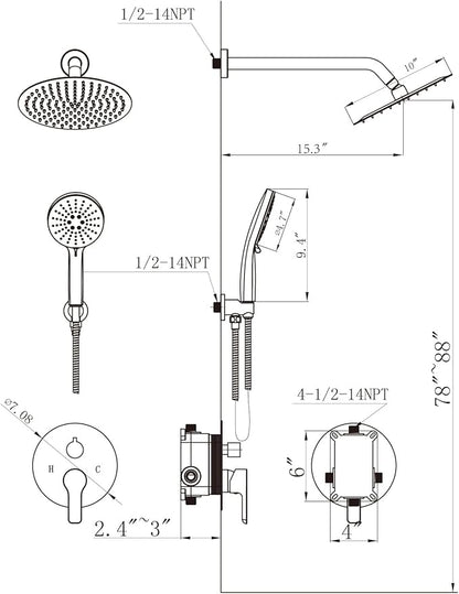 Shower Faucet Set Brass 10IN Rough-In Valve Body Trim Kit Rainfall Included Handle Accessories Complete 2 Functions with Rain Head and Handheld Bathroom Systems (10'', Brushed Gold)