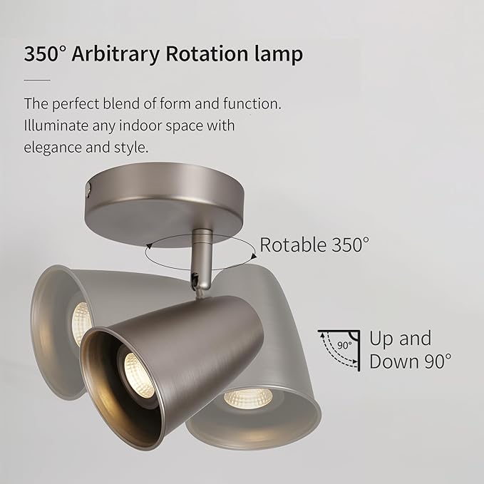 Ceiling Spotlight Indoor, Adjustable Angle 7W LED GU10 Replaceable, 3000K Warm White Flicker-Free,Accent Light for Living Room Bedroom Corridor Mural,Brushed Nickel