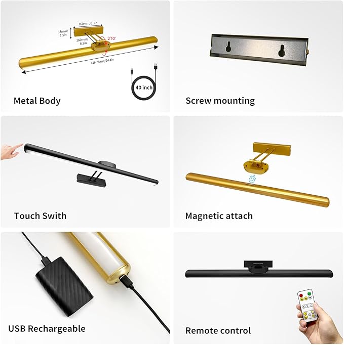 24.4" Wireless Picture Lights, Rechargeable Battery Art Display Light with Remote Control, Dimmable/Timer Off Dartboard Light, 3 Lighting Modes Full Metal Painting Display Lights (Gold-1Pack)