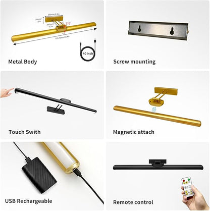 24.4" Wireless Picture Lights, Rechargeable Battery Art Display Light with Remote Control, Dimmable/Timer Off Dartboard Light, 3 Lighting Modes Full Metal Painting Display Lights (Black-2Pack)