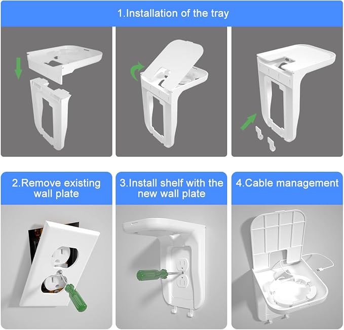 Suptek Wall Outlet Shelf 4 Pack,Home Wall Shelf Organizer for Outlets,Perfect for Bathroom,Kitchen,Bedrooms,Hold Cell Phone,Speaker up to20lbs,With Cable Management and Detachable Hooks,White(S3W4)