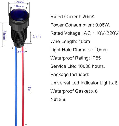 6pcs Blue LED Indicator Pilot Light 110VAC Mounting Hole Size 10mm(Flame Retardant Plastic Shell)