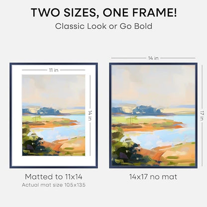 Homeforia 14x17 Picture Frame Navy Blue, High End Metal 14x17 Poster Frames with Mat 11x14 inch Photo, 14 x 17 Navy Blue Frame Matted to 11 by 14 Print, 17x14 Frame, Tempered Glass, Wall Kit, Set of 1