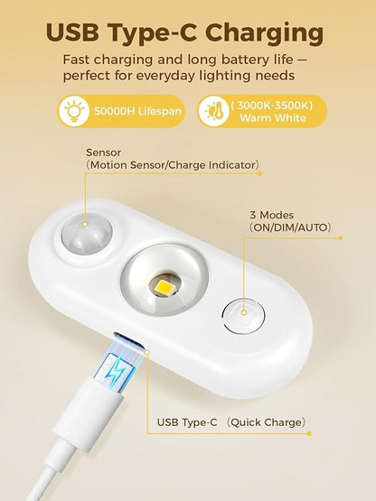 YGS-Tech LED Motion Sensor Light Indoor, Rechargeable Puck Lights, Magnetic Dimmable Under Cabinet Light, Wireless LED Lights for Closet, Kitchen, Stairs, Warm White, 6-Pack (White)
