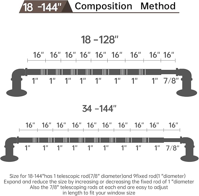 Industrial Curtain Rods 18 to 144 in,Blackout Curtain Rod,Adjustable Length,1 in Diameter Pipe,Wall or Ceiling Mounted,for Bedroom and Living Room (Antique Silver 18” to 144”)