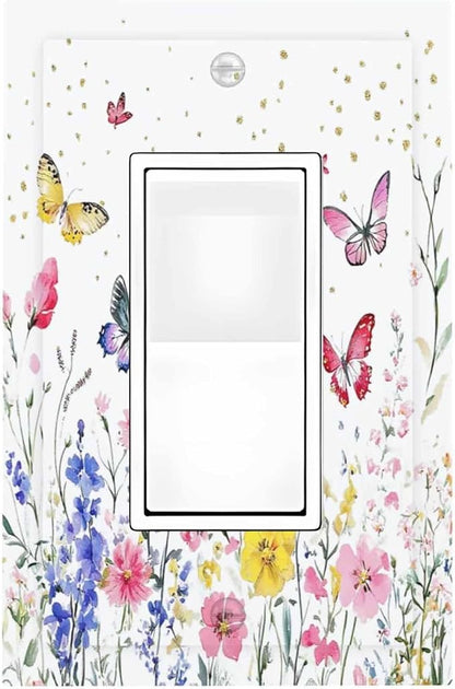 Decorative Outlet Covers Watercolor Floral Butterfly Colorful Wildflower 1 Gang Single Rocker Light Switch Cover Plate Wall Plates Gfci Faceplate For Bed Room Living Room Decor