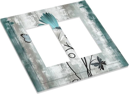 Decorative Outlet Covers Rustic Teal Daisy Floral Flowers Butterfly Wood Grain 2 Gang Double GFCI Rocker Electrical Wall Panels Light Switch Cover Plate for Bathroom Bedroom Decor