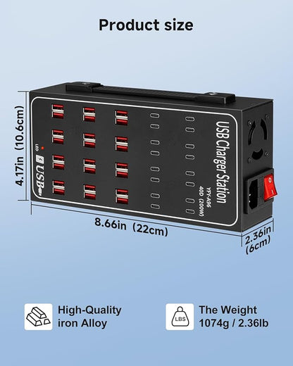 200W USB~c Charging Station, 40 Port (24 USB A & 16 USB~C Port) USB~C Charger Block, Fast Charging Station for Multiple Devices, Desktop USB Charger Compatible for iPhone, iPad, Tablets