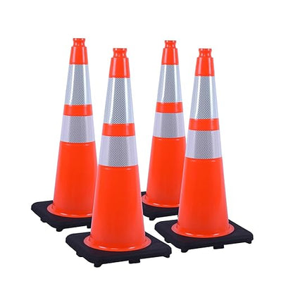 4 Pack 28 Inch Orange PVC Traffic Cones Black Base Stable Flexible, Road Safety Construction Zone Crowd Control Parking Safety Markers (4, Orange, 28 Inch)