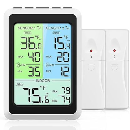 AMIR Upgraded Digital Refrigerator Thermometer with Alarm – 4.5” Wireless Fridge & Freezer Thermometer with 2 Sensors, Backlight Color Screen, MAX/MIN Records for Home, Restaurant & Wine Cellar Use