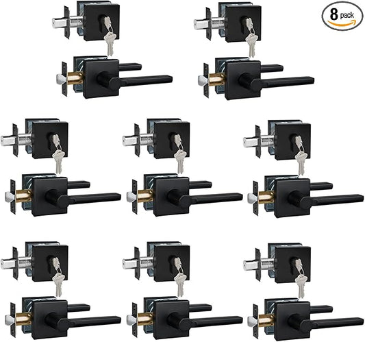 8 Sets Passage Door Lever and Single Cylinder Deadbolt Lock Set, Heavy Duty Square Handle for Entrance and Front Door, Matte Black, Different Keys