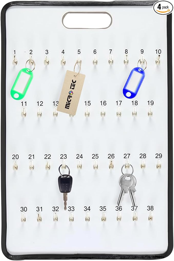 Masonite Key Holder Wall Mount with 38 Spring-Lock Hooks 16" × 23-1/2" – Wall Mounted Key Organizer Board with Metal Trim and Handle – Dealership, Office, Garage Key Rack Cabinet - Pack of 4
