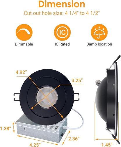 Gimbal LED Recessed Light - 4 Inch Black 9W 360° Rotation Directional Adjustable Eyeball Sloped Ceiling Recessed Lighting 4 inch Light Wafer Soffit Indoor Spotlight Canless Black 4 inch 6 Pack