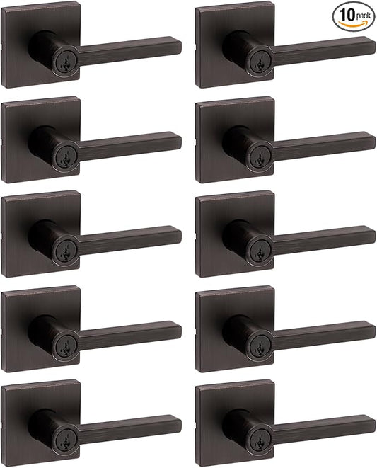 Kwikset Halifax Entry Door Handle with Lock and Key, Secure Keyed Reversible Lever Exterior, for Front Entrance and Bedrooms, Venetian Bronze, 10 Pack, Pick Resistant SmartKey Rekey Security