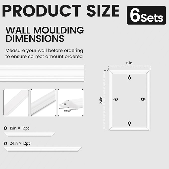 Peel and Stick Wainscoting Panels Kit, 6 Sets 12''x24'' Premade Wall Molding Peel and Stick Panels for Interior Wall Trim, Easy DIY Wainscoting Panels Peel and Stick Decor
