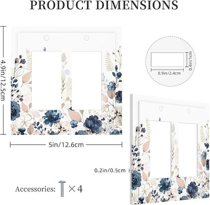 Blue Flora Boho Vintage Flower Golden Leaves Decorative Outlet Covers 2 Gang Double GFCI Rocker Electrical Wall Panels Light Switch Cover Plate for Bedroom Living Room Decor