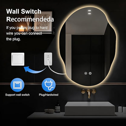 Asymmetrical Bathroom Mirror with Lights,Irregular LED Bathroom Vanity Mirror with Backlit,Anti-Fog,3 Colors and Dimmable Light with Memory,Hardwired Supported[Horizontal/Vertical] 35" H x 25" W