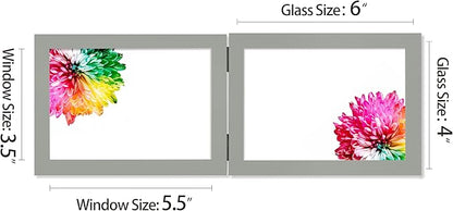 Double 4x6 Horizontal Combo, Grey Wood Picture Frame, 3.5x5.5 Opening Foldable Landscape View Photo Frame on Table-top or Wall