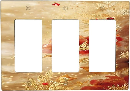 Decorative Outlet Covers Golden Leaf Red Peony Flowers Floral 3 Gang Wall Plate Triple Rocker Light Switch Cover Plate Jumbo Electrical GFCI Faceplate for Bedroom Home Decor