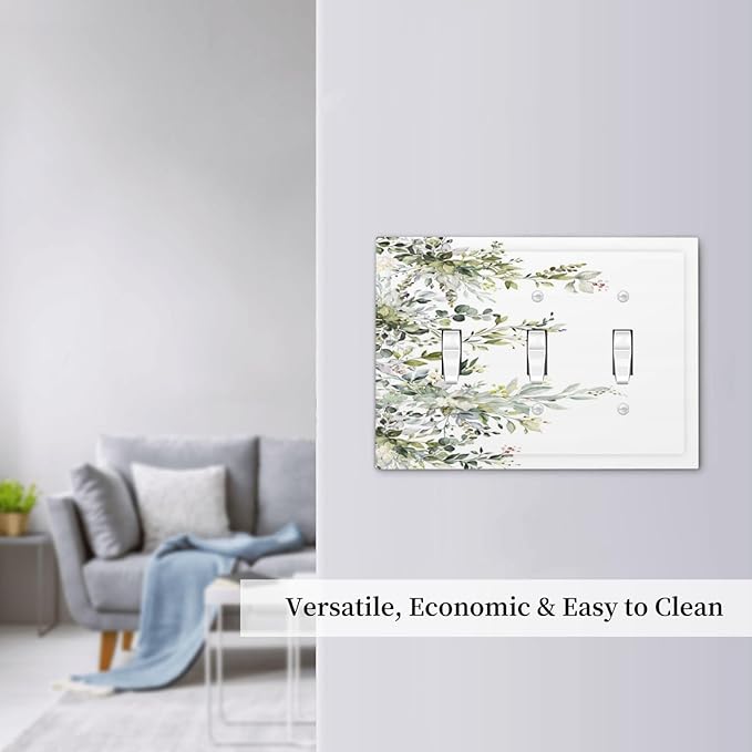 Decorative Light Switch Plate Covers Rustic Eucalyptus Leaves Green Leaf 3 Gang Light Switch Cover Triple Toggle Wall Plate Outlet Covers for Bedroom Home Decor