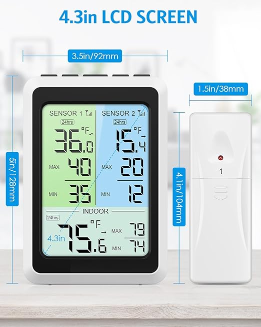 AMIR Upgraded Digital Refrigerator Thermometer with Alarm – 4.5” Wireless Fridge & Freezer Thermometer with 2 Sensors, Backlight Color Screen, MAX/MIN Records for Home, Restaurant & Wine Cellar Use