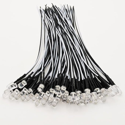 50pcs 110VAC 5mm White LED Lights Emitting Diodes, Prewired 7.9 Inch V LED Light Diffused Colored Lens Small LED