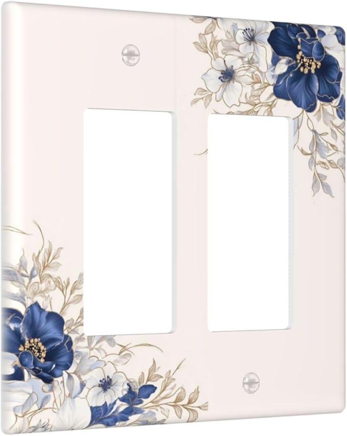 Decorative Outlet Covers Rustic Blue Beige Flower Peony Floral 2 Gang Light Switch Cover Plate Double Rocker Wall Plates for Electrical Outlets Switch Plate Covers for Bedroom Home Decor