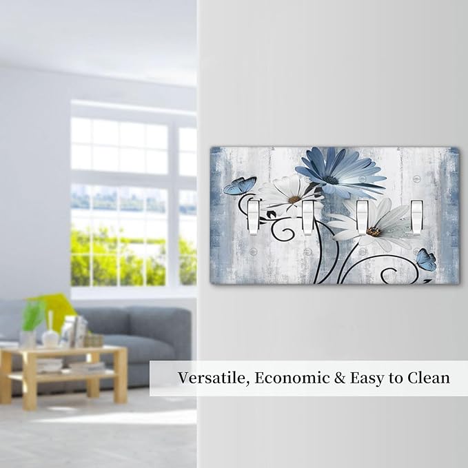 Decorative Light Switch Cover Plate Rustic Blue White Daisy Ink Flower 4 Gang Wall Plates for Electrical Outlets Quad Toggle Switch Plate Covers Outlet Covers Faceplate for Bedroom Home Decor