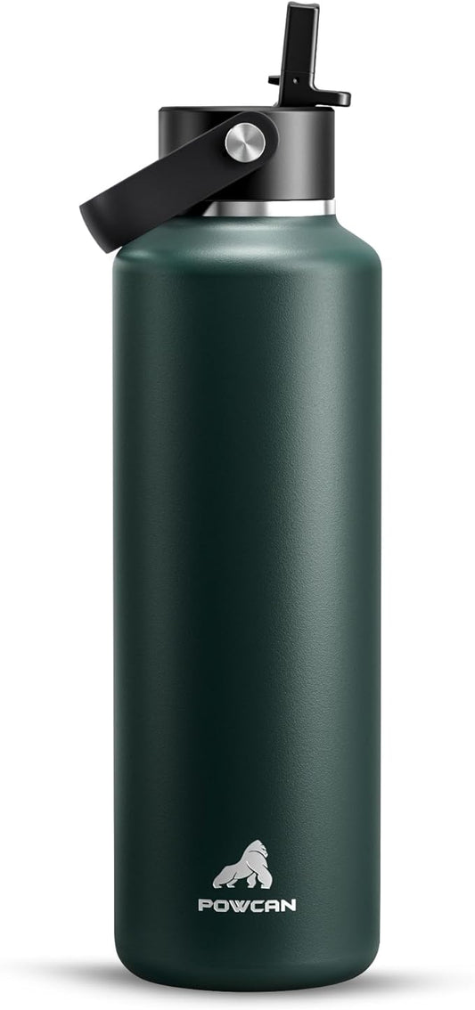 POWCAN 24 oz Water Bottle Insulated: BPA-Free, Leakproof Lid with Straw, Lightweight, Flex Cap, Stainless Steel Water Bottle for Sport, Hikig, Office, Commute, Worker, Walking, Cycling (Fir Green)