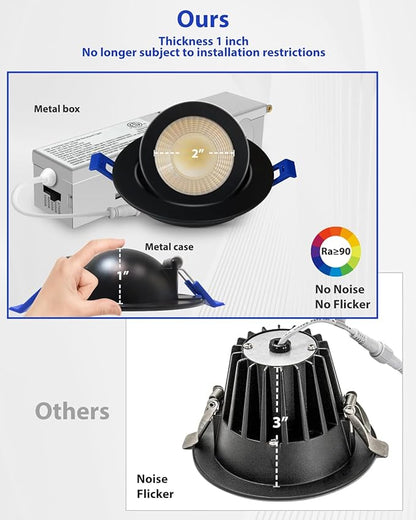 Adetu 2 Inch 5CCT Gimbal Black Led Recessed Lighting with Junction Box, 360°+90° Adjustable Led Recessed Lights, 2700K/3000K/3500K/4000K/5000K, 5W Eqv 50W, 550LM Brightness - ETL (Black, 6 Pack)
