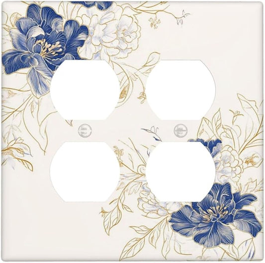 Decorative Outlet Covers Rustic Blue Flower Floral Gold Leaf 2 Gang Light Switch Cover Plate Double Duplex Wall Plates for Electrical Outlets Switch Plate Covers for Bedroom Home Decor