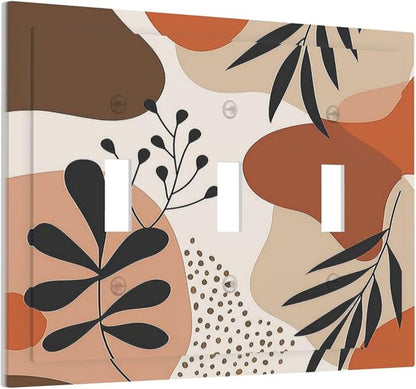 Decorative Switch Plates Boho Botanical Orange Green Beige Minimalist 3 Gang Wall Plate Triple Toggle Light Switch Cover Faceplate Electrical Wall Panels for Bedroom living Room Decor