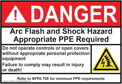 ComplianceSigns.com DANGER Arc Flash And Shock Hazard Appropriate PPE ANSI NFPA 70E Safety Sign, 10x7 in. Magnetic for Electrical