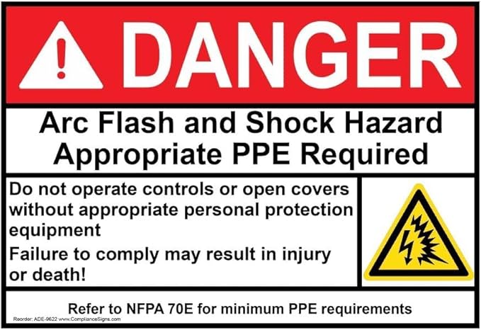 ComplianceSigns.com DANGER Arc Flash And Shock Hazard Appropriate PPE ANSI NFPA 70E Safety Label Decal, 5x3.5 inch 100-Pack Vinyl for Electrical, American Made Safety Signs for the Workplace